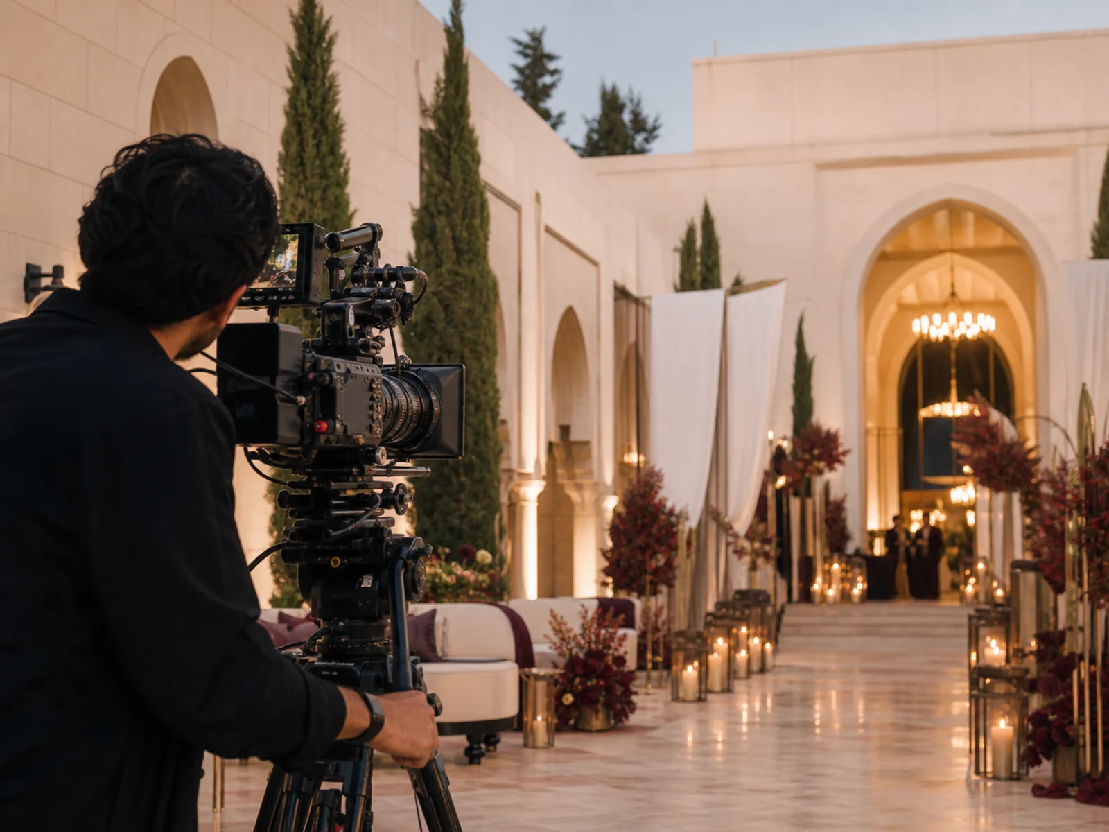 كاميرا سينمائية توثق دخول المناسبة من زاوية جانبية