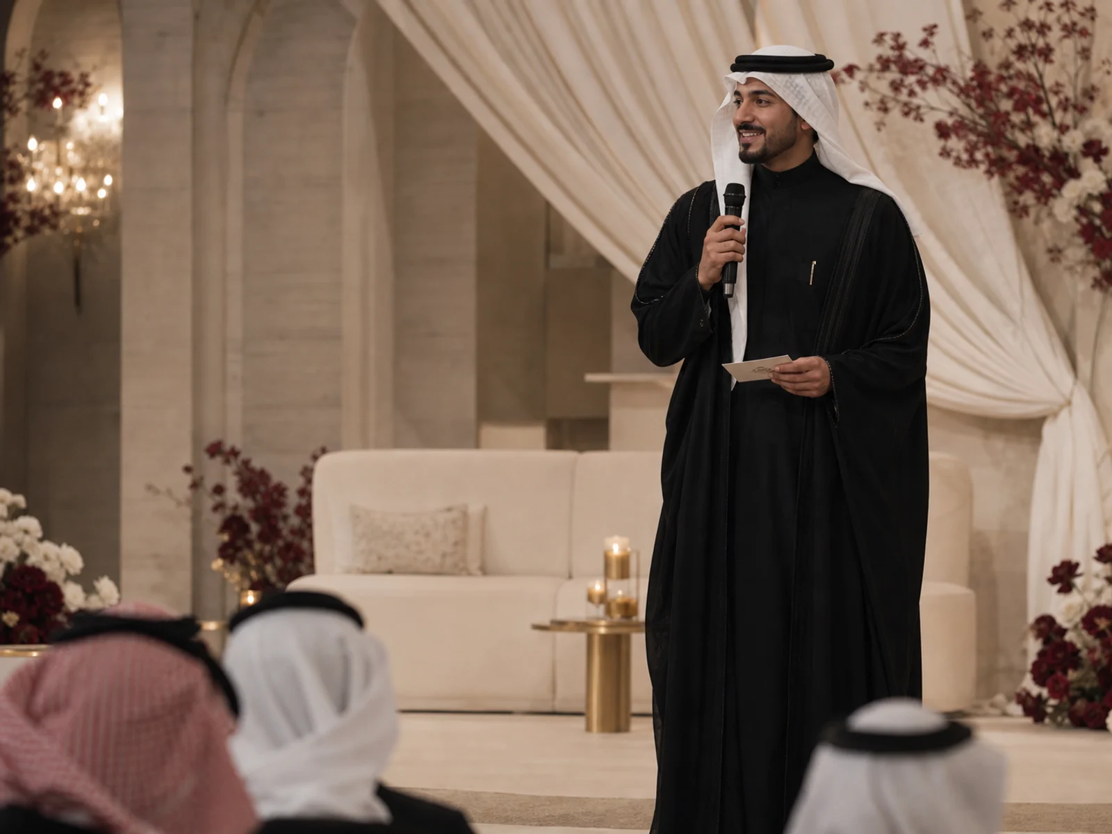 مقدم حفل يقف على المسرح ويدير فقرات المناسبة